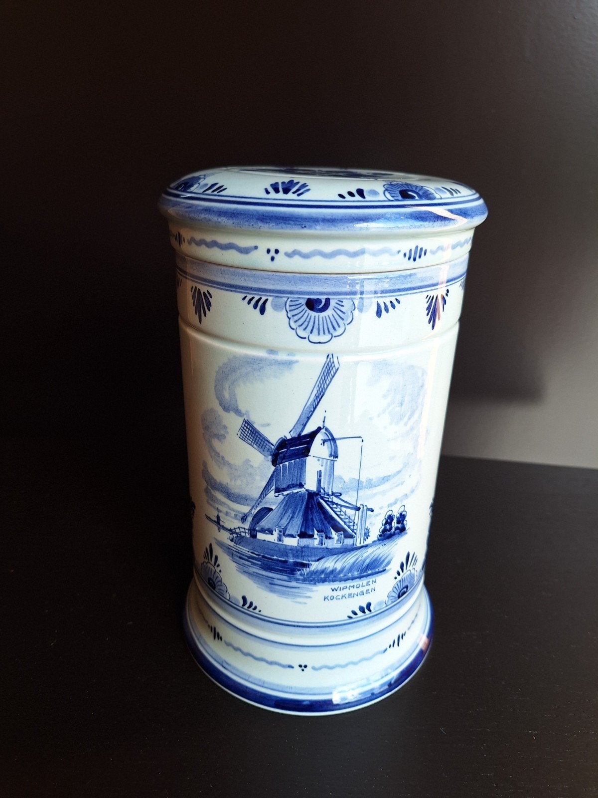 Delfts Blauw voorraadpot met molen decoratie, Antiek en Kunst, Ophalen
