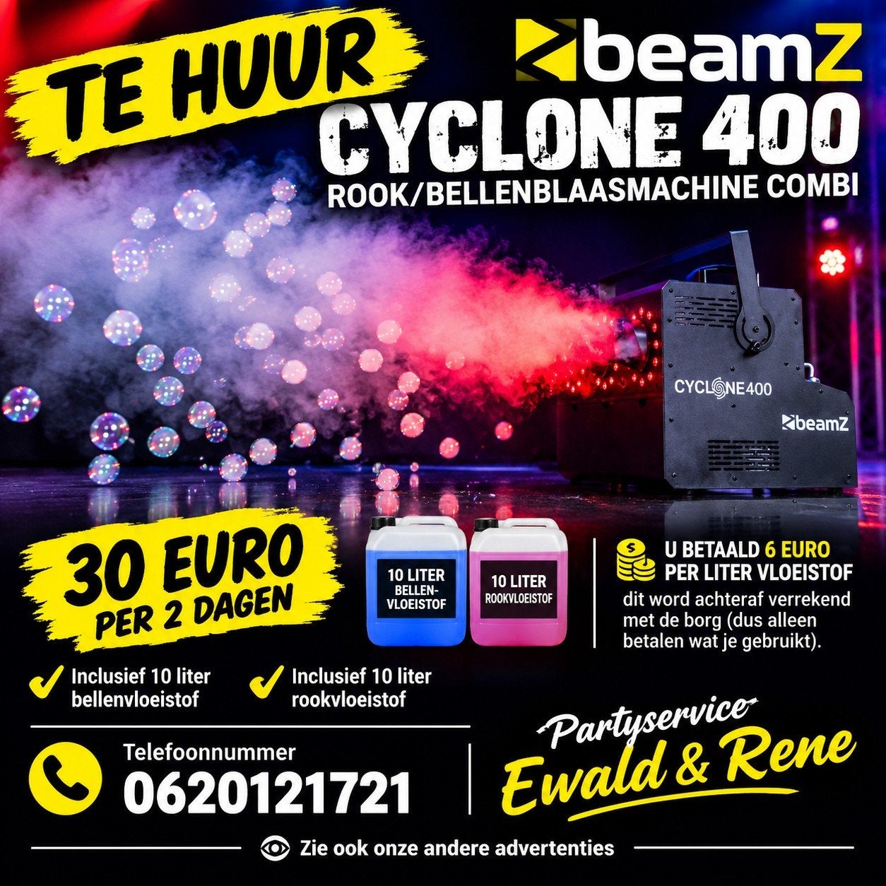 beamz cyclone 400 rook/bellen machine te huur, Ophalen, Zo goed als nieuw, Overige