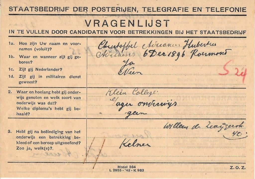 Vragenlijst voor betrekking bij  Staatsbedrijf der PTT 1943, Verzenden