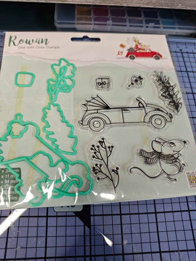Rowan Dies met Clear Stamps - Kerst Auto en Muis, Hobby en Vrije tijd, Ophalen of Verzenden