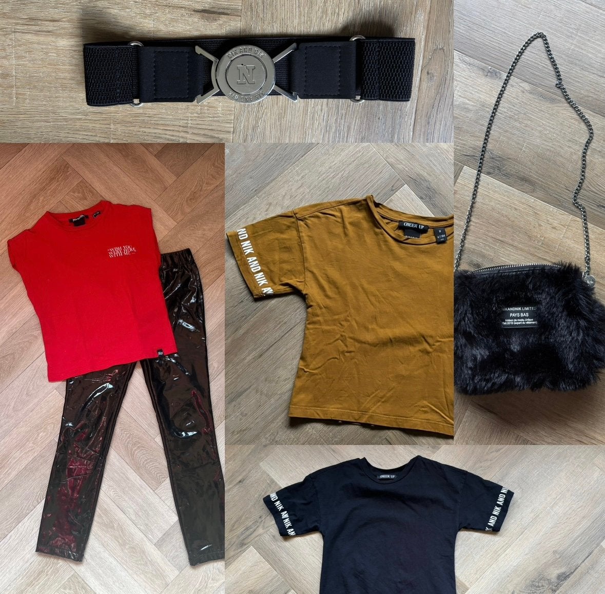 NIK&NIK pakket maat 104-128 (shirtjes, riem, tas, broek), Ophalen of Verzenden, Zo goed als nieuw, Meisje, Setje