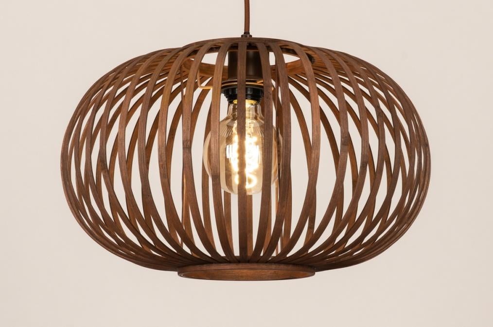 hanglamp 42cm japandi bamboe walnoot rotan tafel bed lamp, Ophalen of Verzenden, Zo goed als nieuw, Minder dan 50 cm