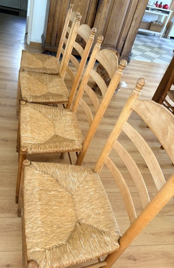 Vintage eetkamer stoelen met rieten zitting - 4 stuks, Huis en Inrichting, Stoelen, Ophalen, Bruin, Hout, Vier