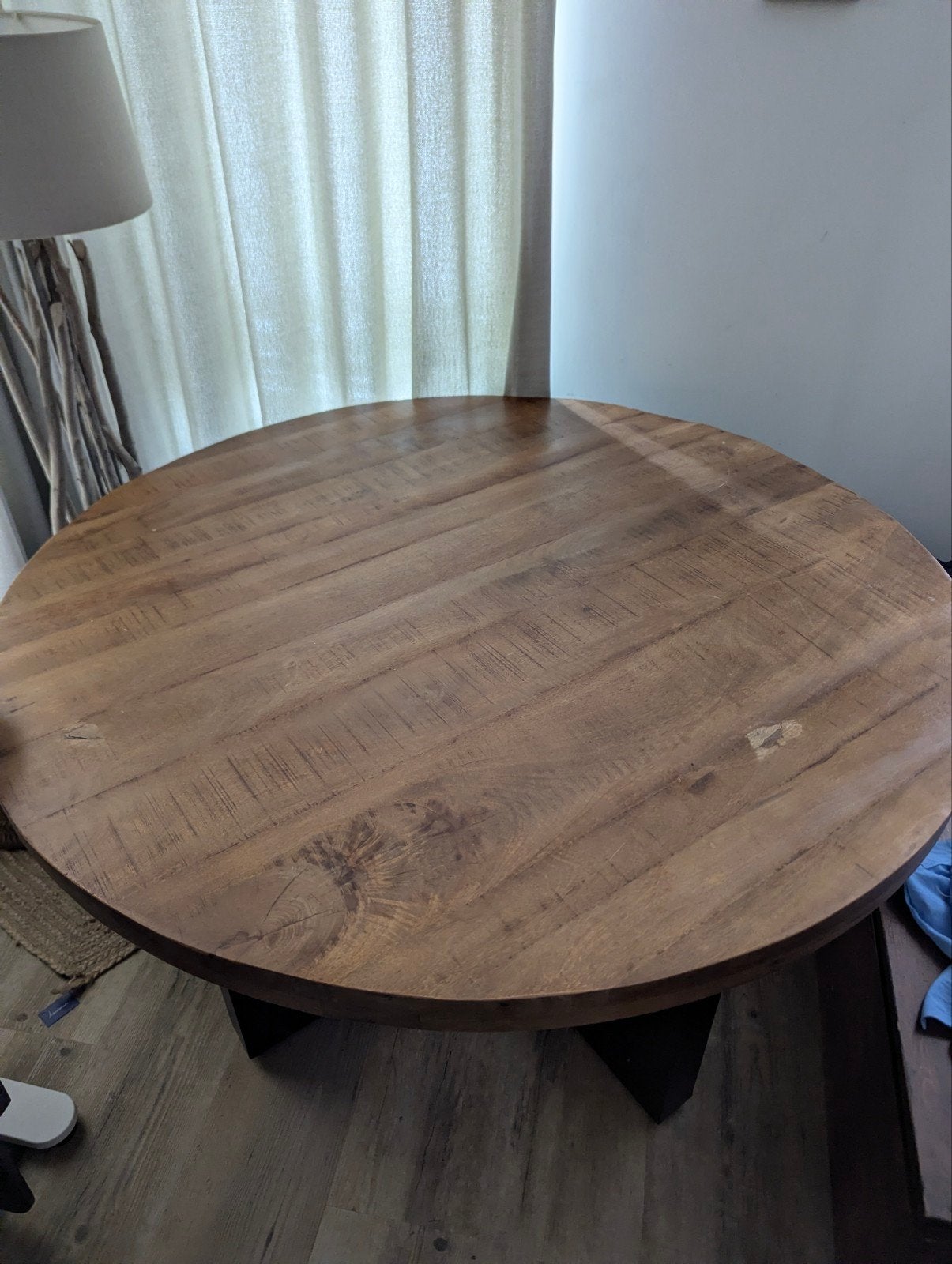 Ronde eettafel met mangohouten blad en metalen onderstel, Huis en Inrichting, Gebruikt, Rond, Vier personen, Industrieel, Modern, Robuust