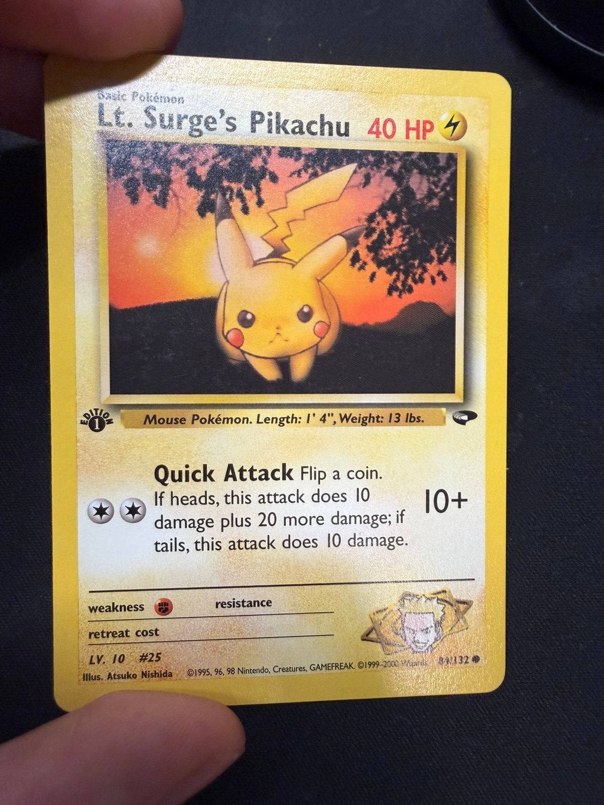 Pokémon Kaart: Lt. Surge's Pikachu (1st Edition), Ophalen of Verzenden, Gebruikt, Losse kaart