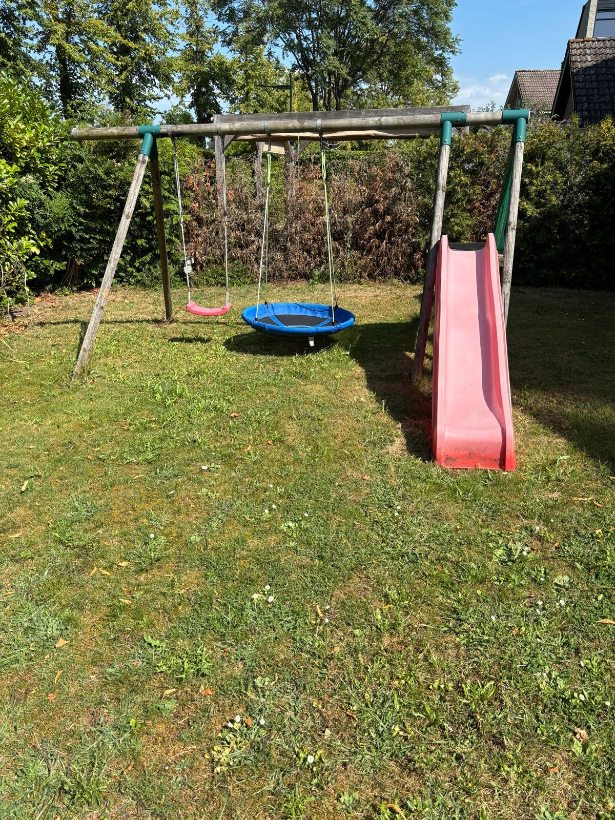 Houten schommelset met glijbaan en vogelnestschommel, Ophalen, Gebruikt, Schommel