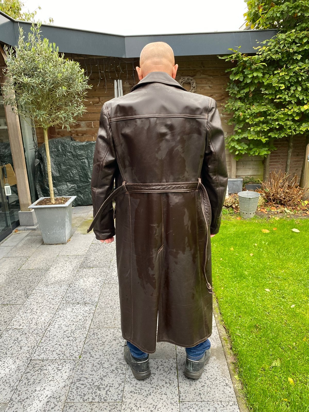 Vintage Leren Gevoerde Lange Motorjas - Maat XL, Ophalen of Verzenden, Gedragen, Maat 56/58 (XL), Bruin