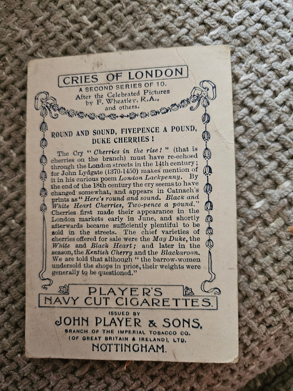 Cries of London Wheatley Players Navy Cut Cigarettes John Pl, Ophalen of Verzenden