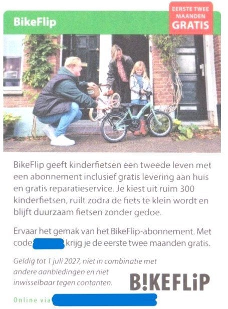 BikeFlip  abonnement - eerste 2 maanden gratis (code), Tickets en Kaartjes, Kortingen en Cadeaubonnen, Eén persoon, Cadeaubon