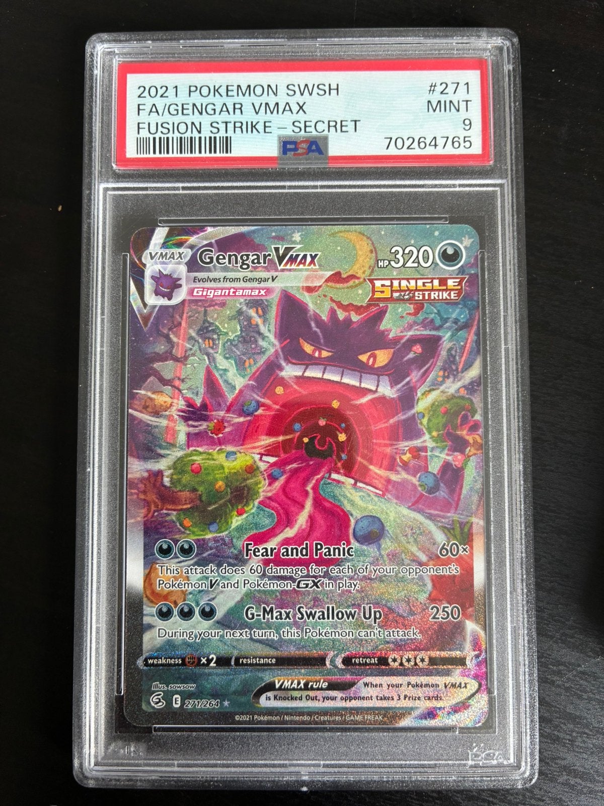 Gengar Vmax 271 Fusion Strike PSA 9, Ophalen of Verzenden, Zo goed als nieuw, Losse kaart, Foil