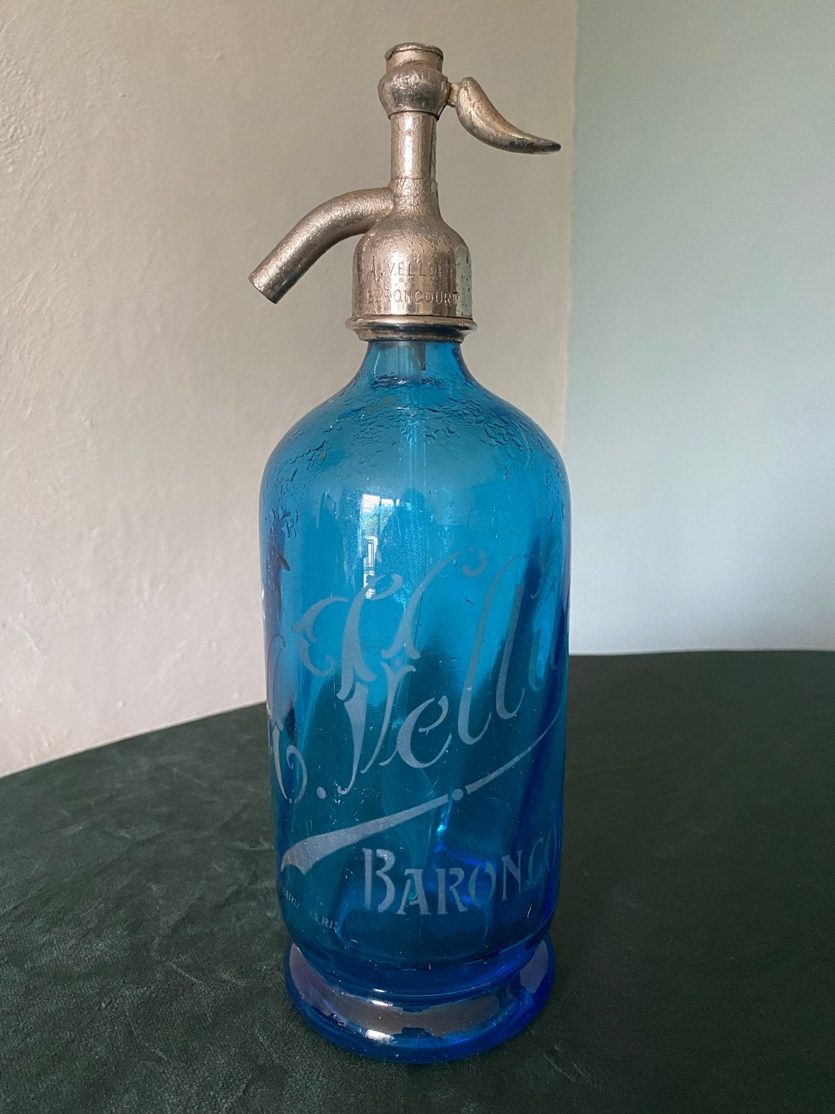 Antieke Blauwe spuitfles Franse brocante siphon met gravure, Ophalen of Verzenden