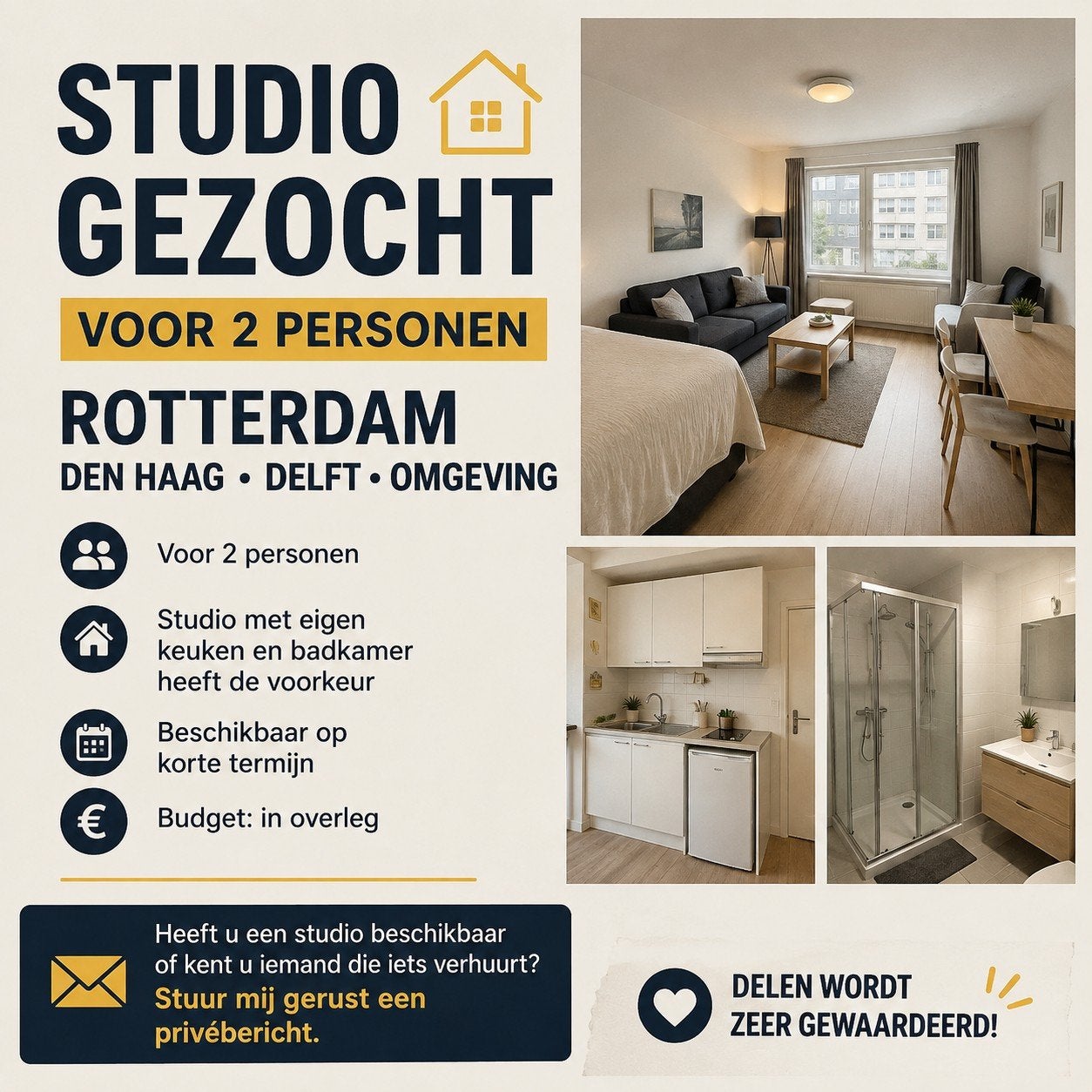 Studio gezocht voor 2 personen – Rotterdam / Den Haag / D, Boeken, E-books