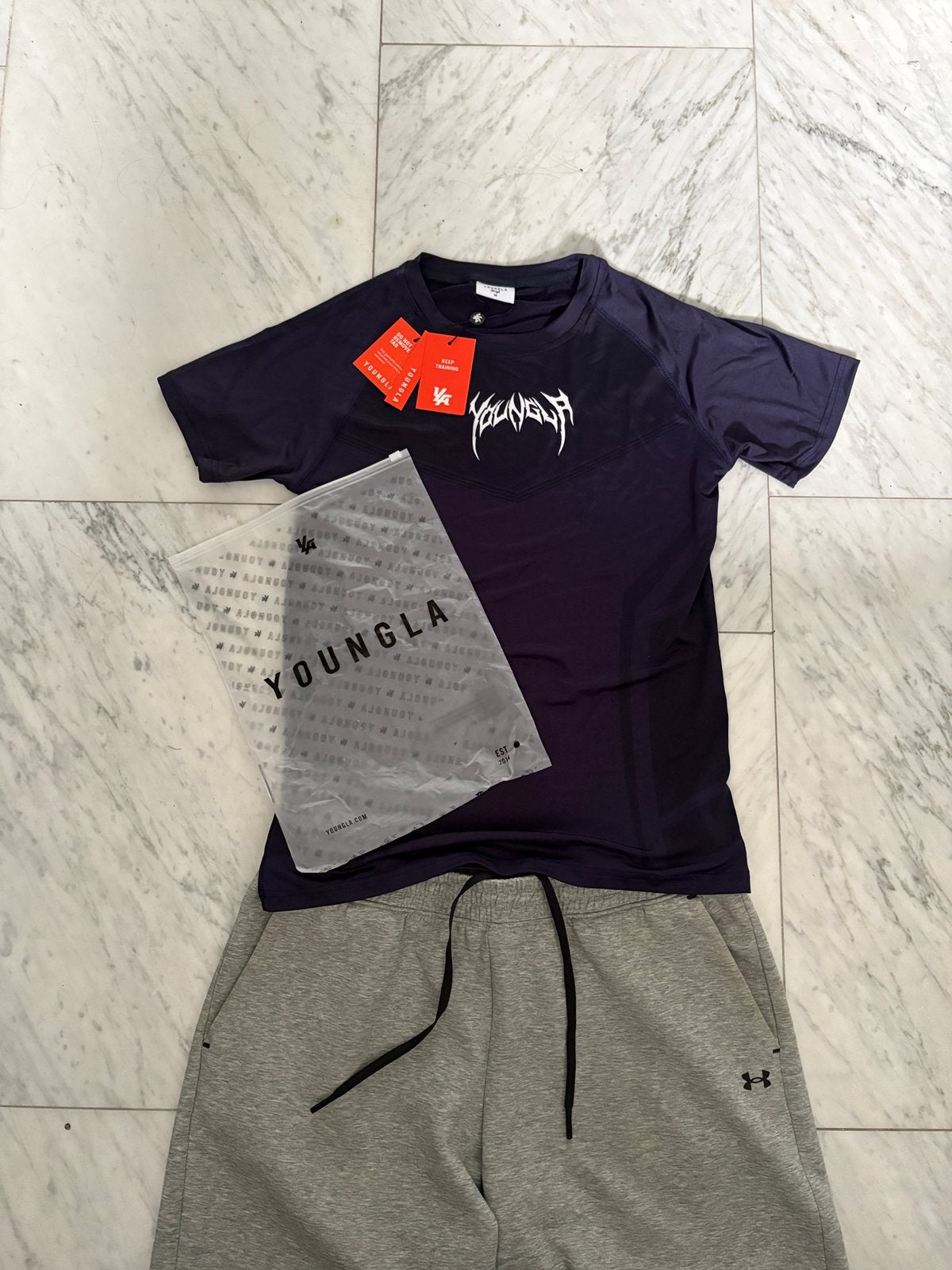 YoungLA Short Sleeve Compression Shirt (Dark Purple / Navy), Fitness, Bruin, Maat 48/50 (M), Ophalen of Verzenden