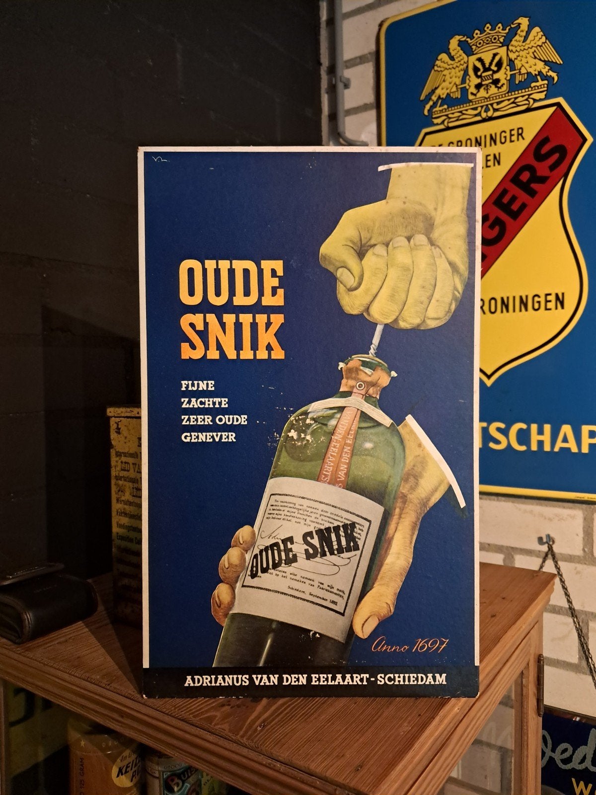 Oude Snik jenever kartonnen reclame bordje, Verzamelen, Merken en Reclamevoorwerpen, Ophalen of Verzenden, Gebruikt, Reclamebord