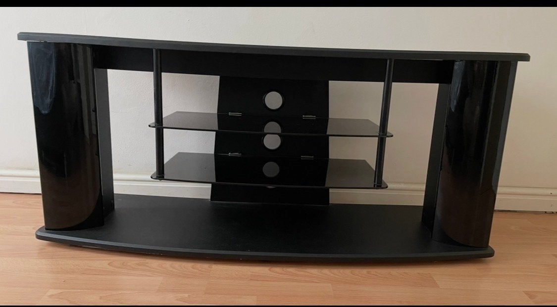 Zwarte TV-meubel met glazen planken - 110-120cm breed, Ophalen, Gebruikt, 100 tot 150 cm, Glas