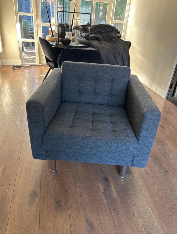 GRATIS Comfortabele grijze fauteuil, Huis en Inrichting, Fauteuils, Ophalen, Zo goed als nieuw, Stof, 75 tot 100 cm