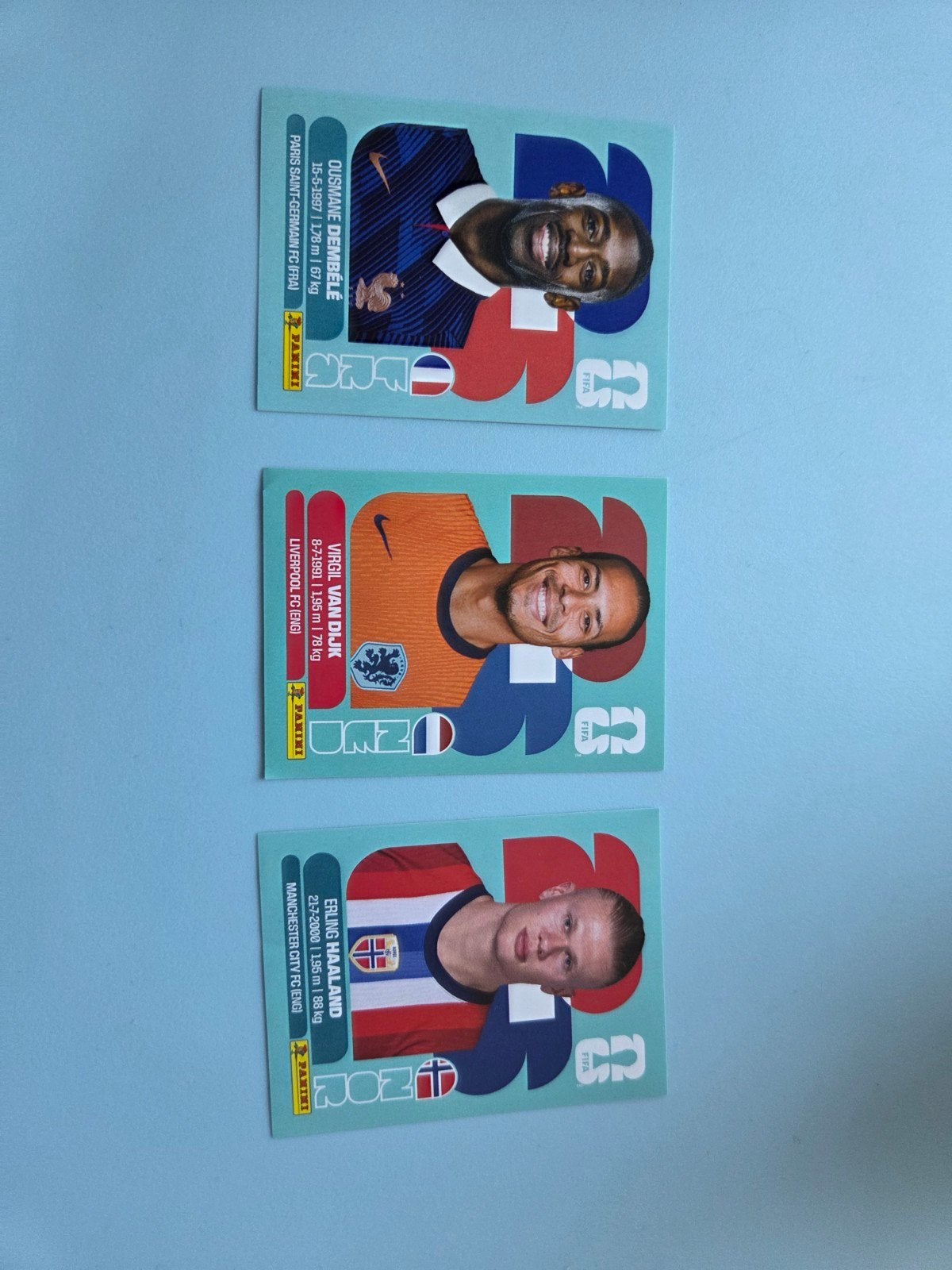 WK Panini Stickers: Dembélé, Van Dijk, Haaland, Ophalen of Verzenden, Nieuw, Sport