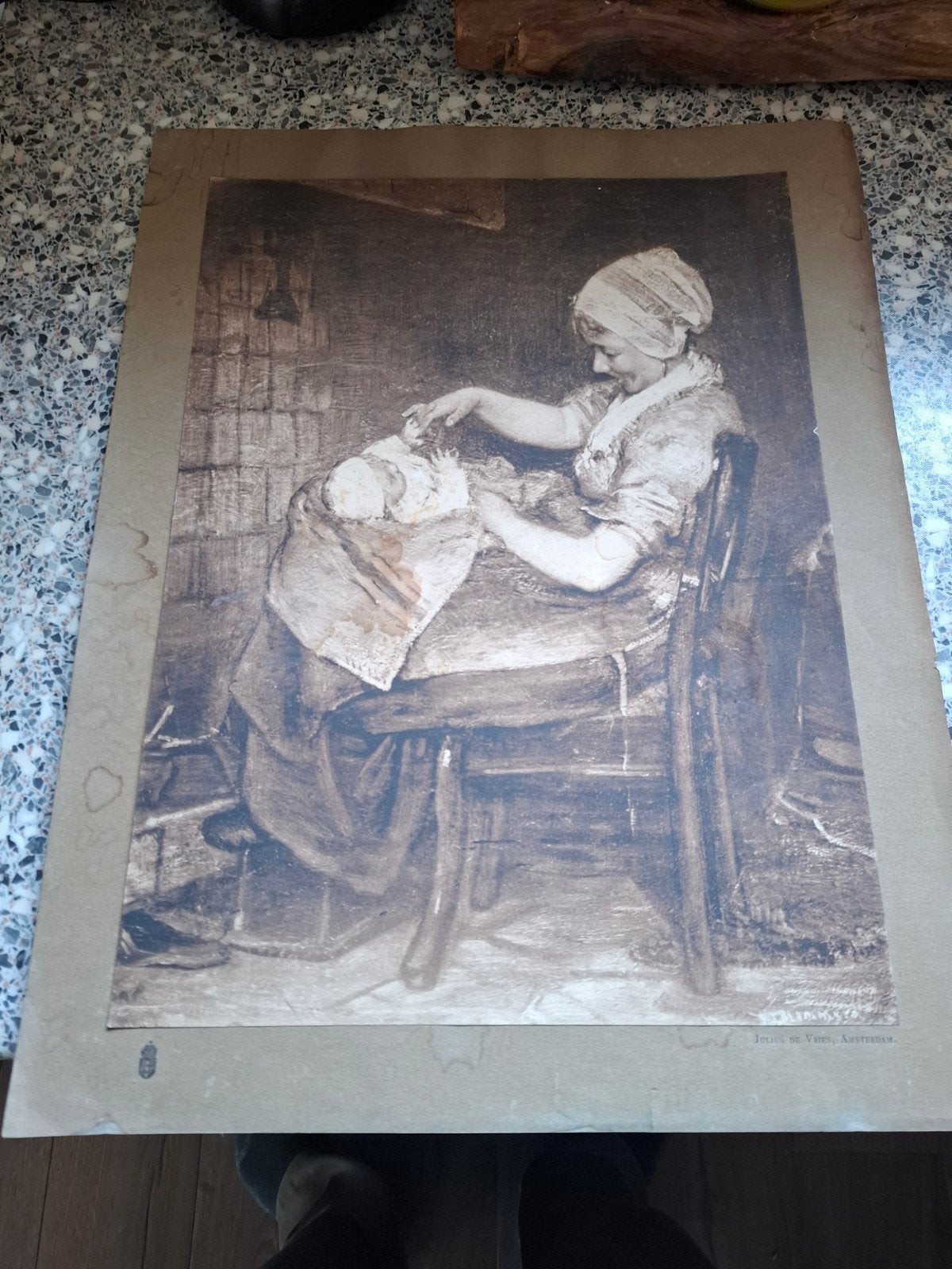 Antieke prent 'Moeder en kind' van Julius de Vries, Antiek en Kunst, Ophalen, Prent