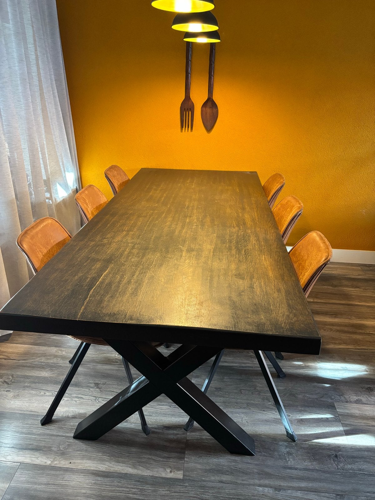 Eettafel met X-poten en 6 stoelen, Ophalen, Gebruikt, Eikenhout, 200 cm of meer