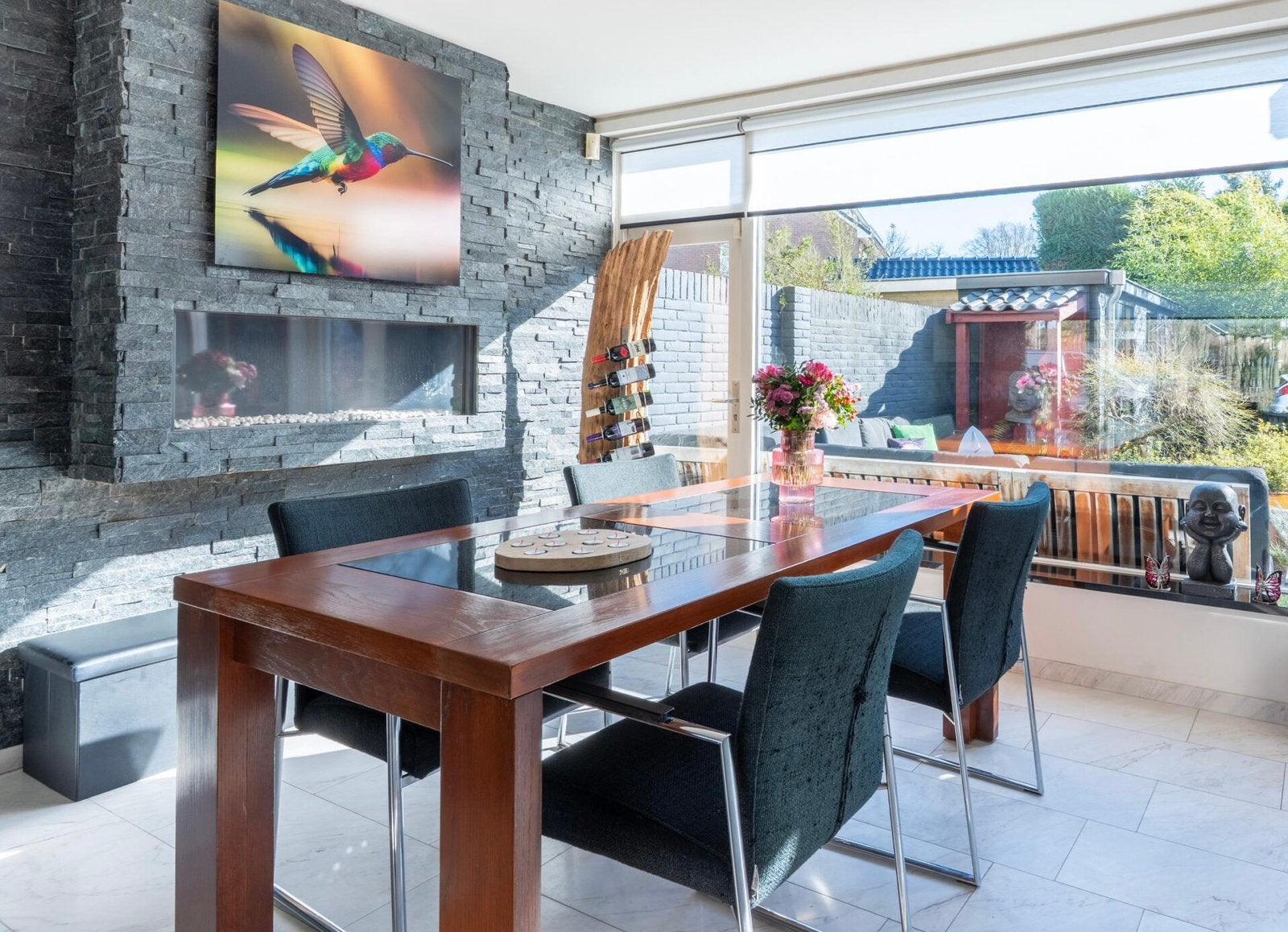 Robuuste, houten eetkamertafel met granieten bladen, Huis en Inrichting, Tafels | Eettafels, Ophalen, Gebruikt, 50 tot 100 cm