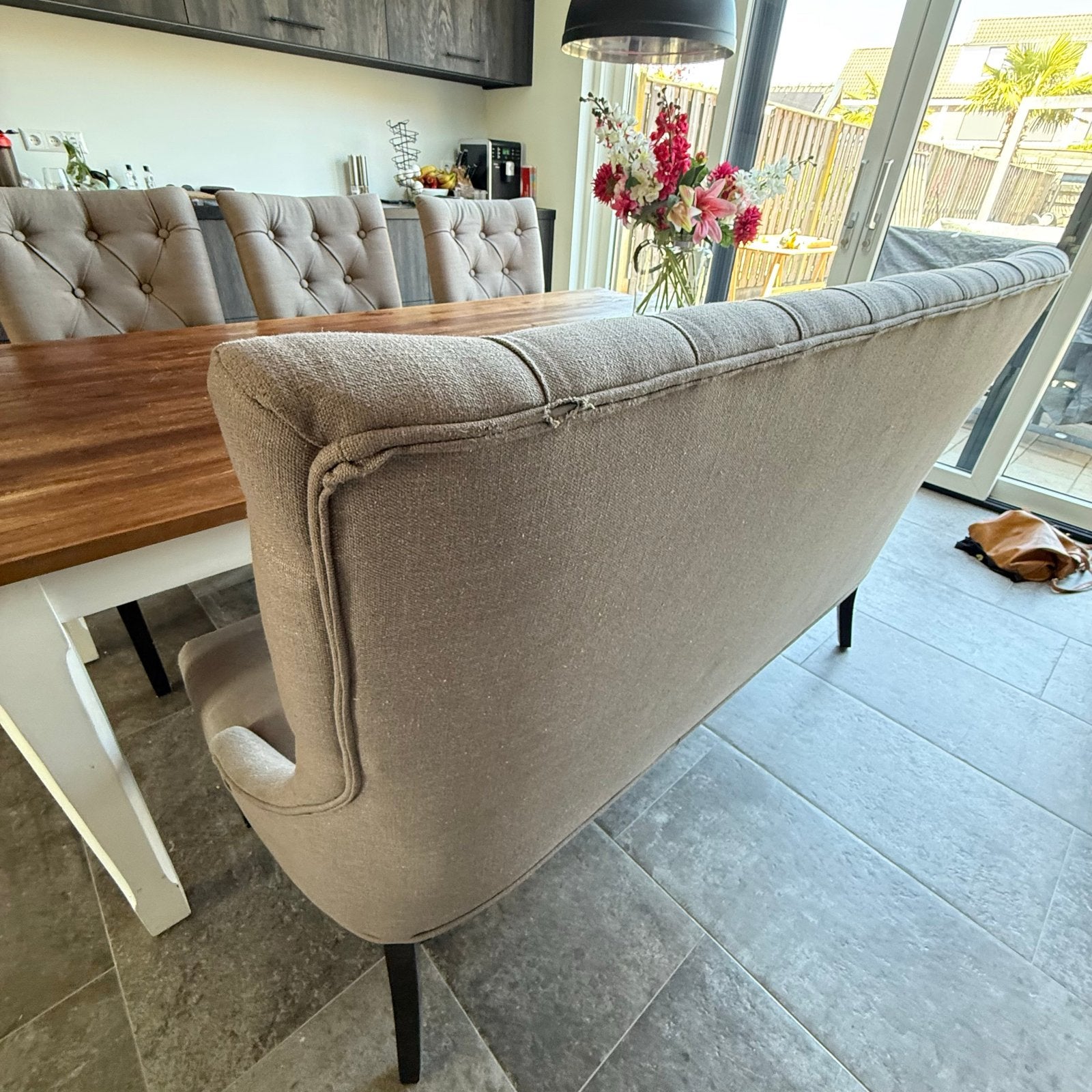 Robuuste eettafel met bank en stoelen, Ophalen, Gebruikt, 50 tot 100 cm, Vijf personen of meer