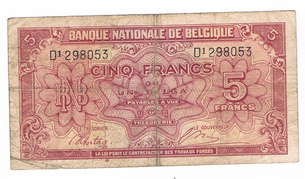 5 francs België 01.02.43, Postzegels en Munten, Verzenden, Los biljet