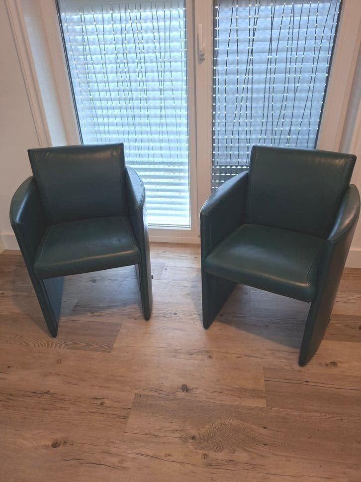 als nieuw 2 Groene Leren Jori Eetkamerstoelen - Zo Goed al, Ophalen, Twee, Overige kleuren, Leer