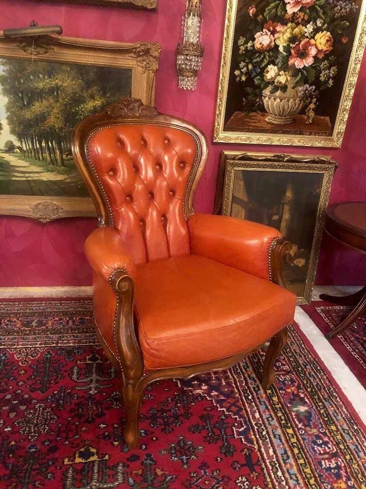 Barok fauteuil leren chesterfield antieke stoel oranje bruin, Ophalen