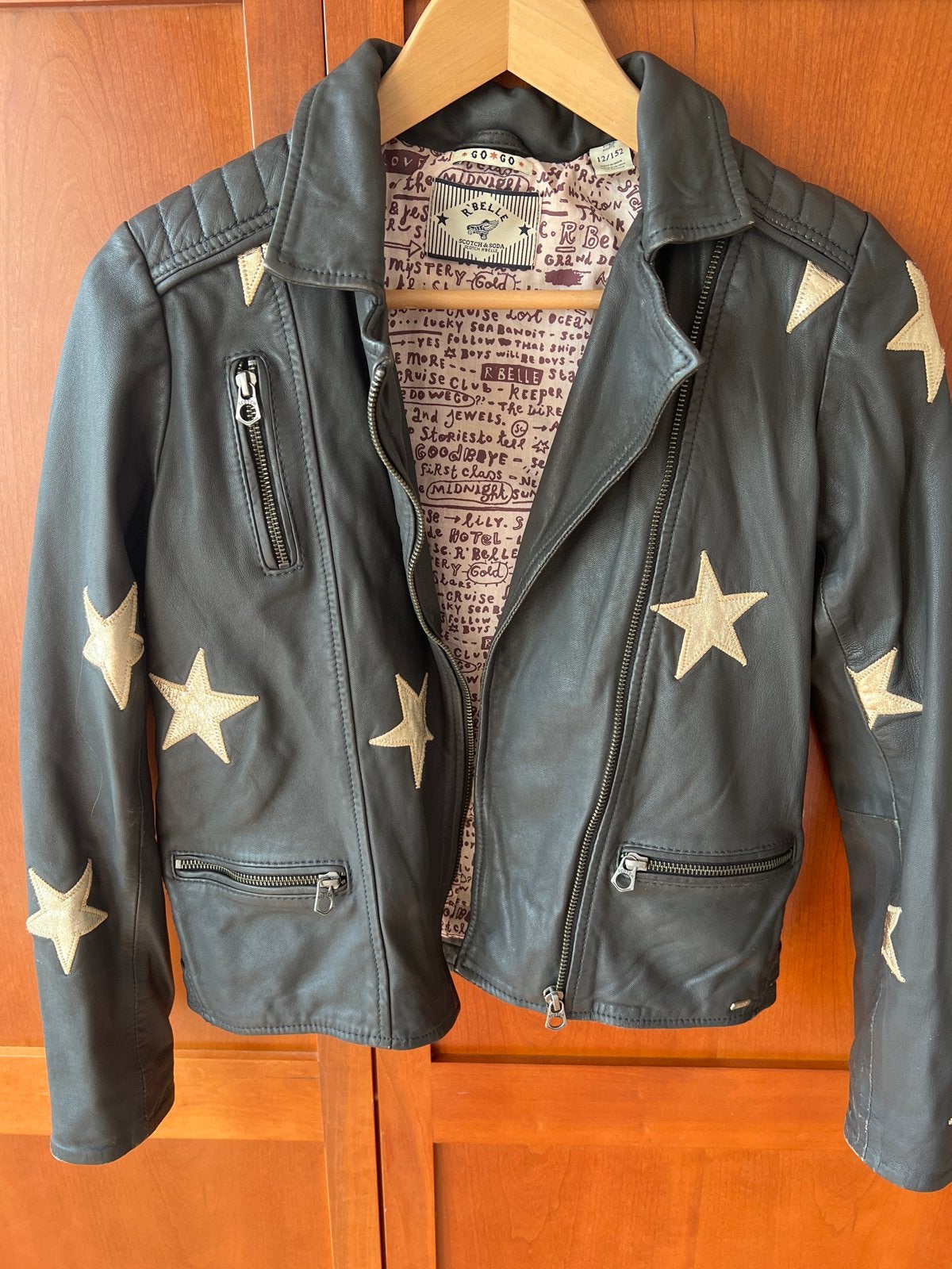 Scotch & Soda R'Belle leren jas met sterren, maat 152, Ophalen of Verzenden, Zo goed als nieuw, Meisje, Jas
