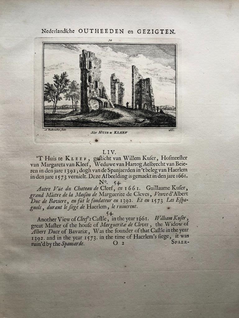 054 / Haarlem Huis te Kleef in Ruïne Kopergravure 1731, Antiek en Kunst, Ophalen of Verzenden