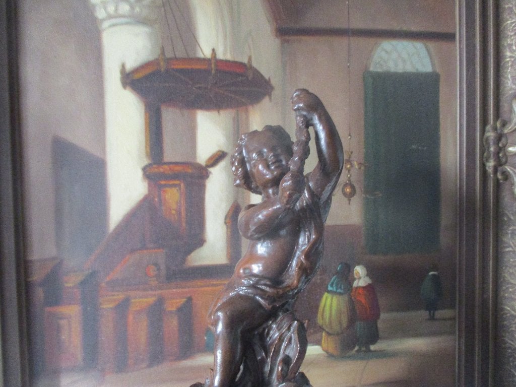 Een Antieke Engel op houten voet hoog 26 cm ., Ophalen of Verzenden