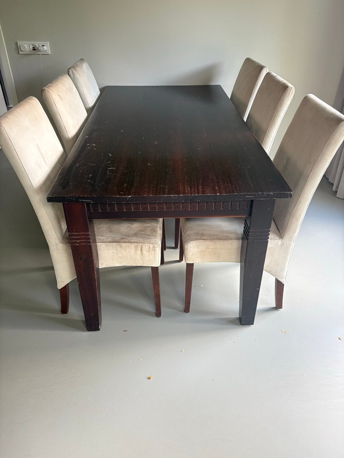 eettafel 180 x 90 met 6 stoelen - Donkerbruin hout, Ophalen, Gebruikt, 50 tot 100 cm, Vijf personen of meer