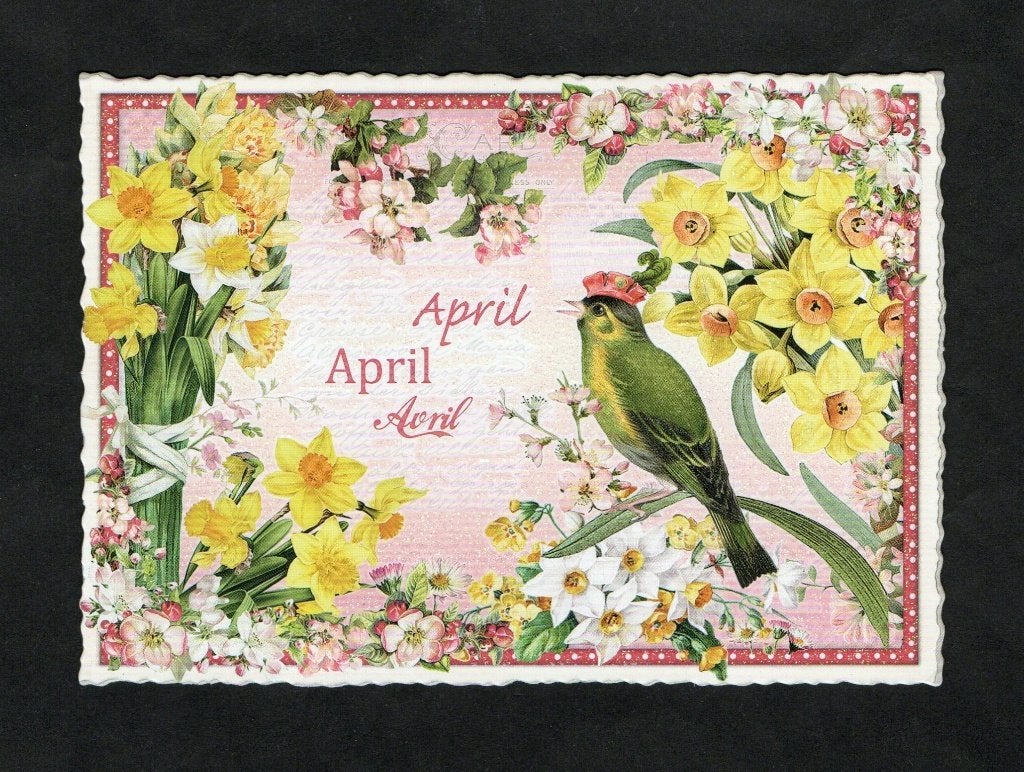 Maandkaart April Bloemen Groenling Narcissen, Sandra Behr., Ophalen of Verzenden, 1980 tot heden, Ongelopen, Vogel
