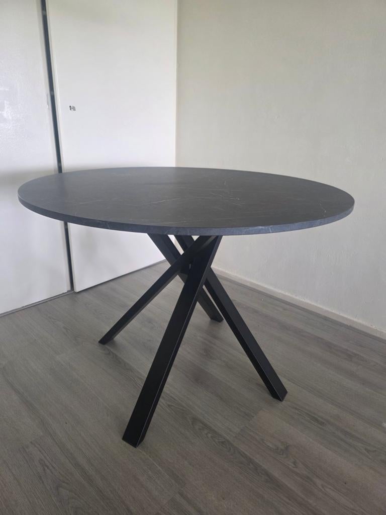 Ronde eettafel met marmerlook blad en metalen poten, Ophalen, Gebruikt, 50 tot 100 cm, Modern, Industrieel