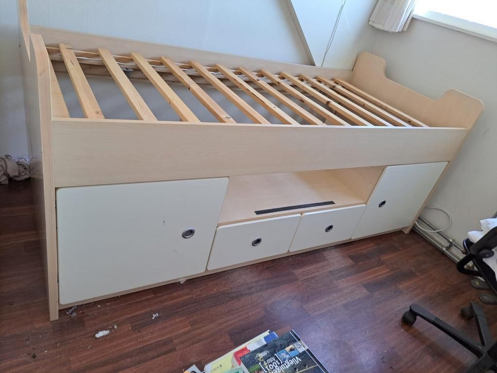 Kajuitbed met opberglades, Ophalen, 90 cm, Beige, Zo goed als nieuw