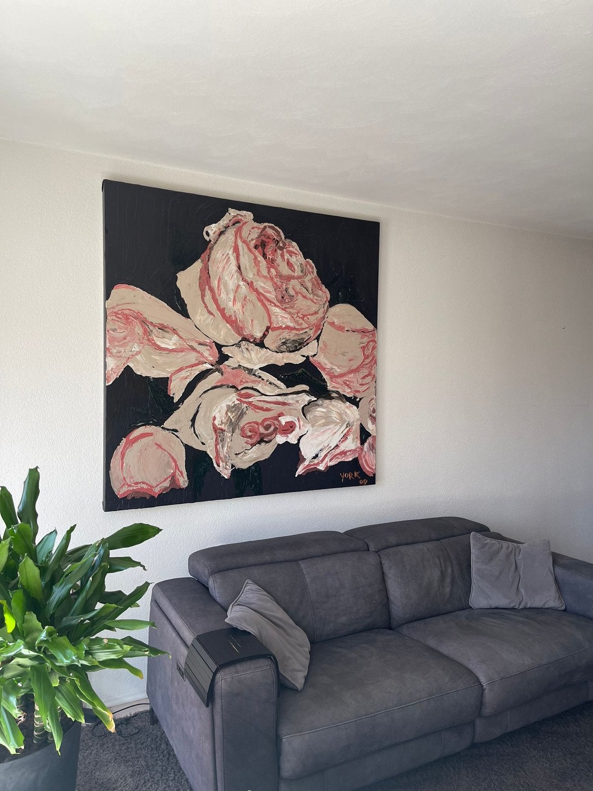 Groot modern schilderij: rozen op zwart doek (gesigneerd), Acrylverf, Hout, Ophalen of Verzenden, Gesigneerd