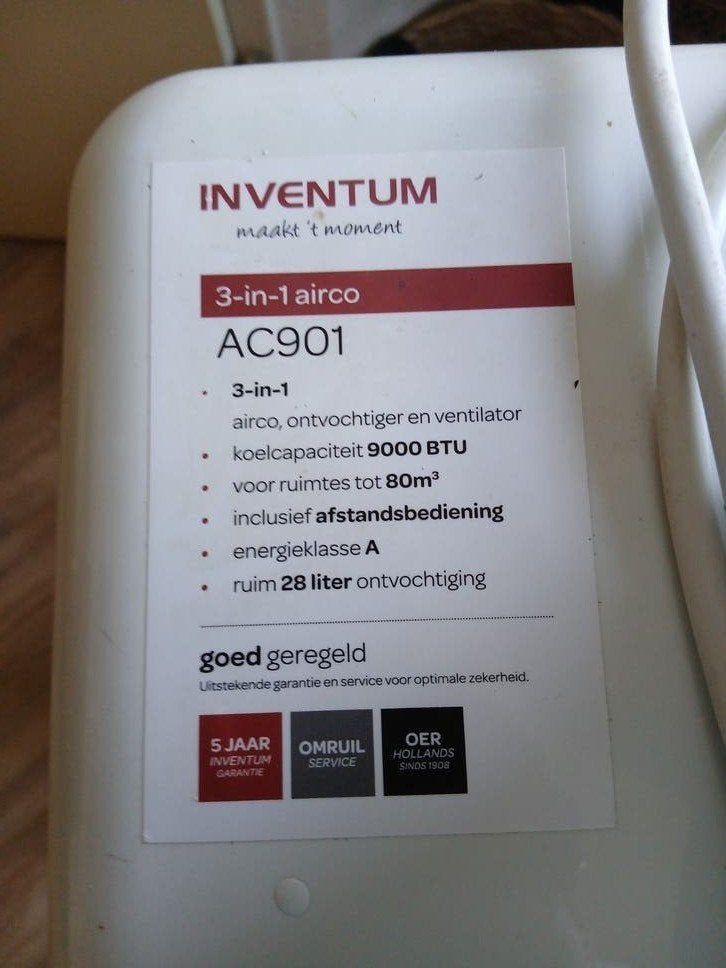 Inventum AC901 Mobiele Airco 3-in-1 met Afstandsbediening, Ophalen, Afstandsbediening, 3 snelheden of meer, Zo goed als nieuw