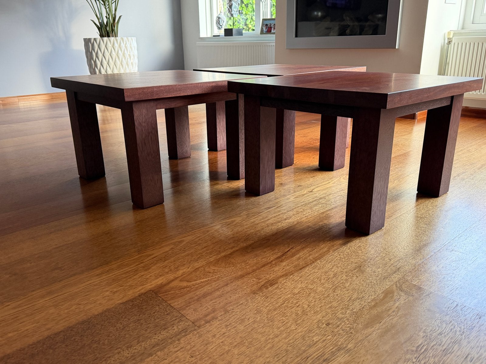 Set van 3 hardhouten bijzettafels (Jatoba) - mat gebeitst, Ophalen, 50 tot 100 cm, Vierkant, 50 tot 100 cm