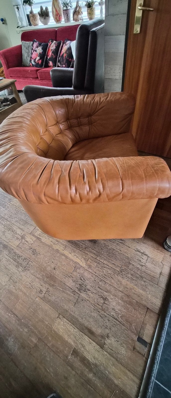 Zachte lederen cognac kleurige fauteuil, Ophalen, Gebruikt, 75 tot 100 cm, Leer