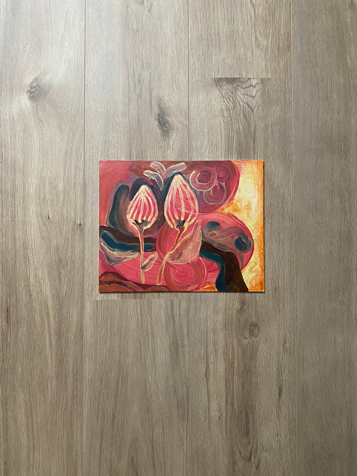 Abstract schilderij bloemen in roodtinten, Antiek en Kunst, Kunst | Schilderijen | Klassiek, Bloemen, Abstract, Acrylverf, Doek