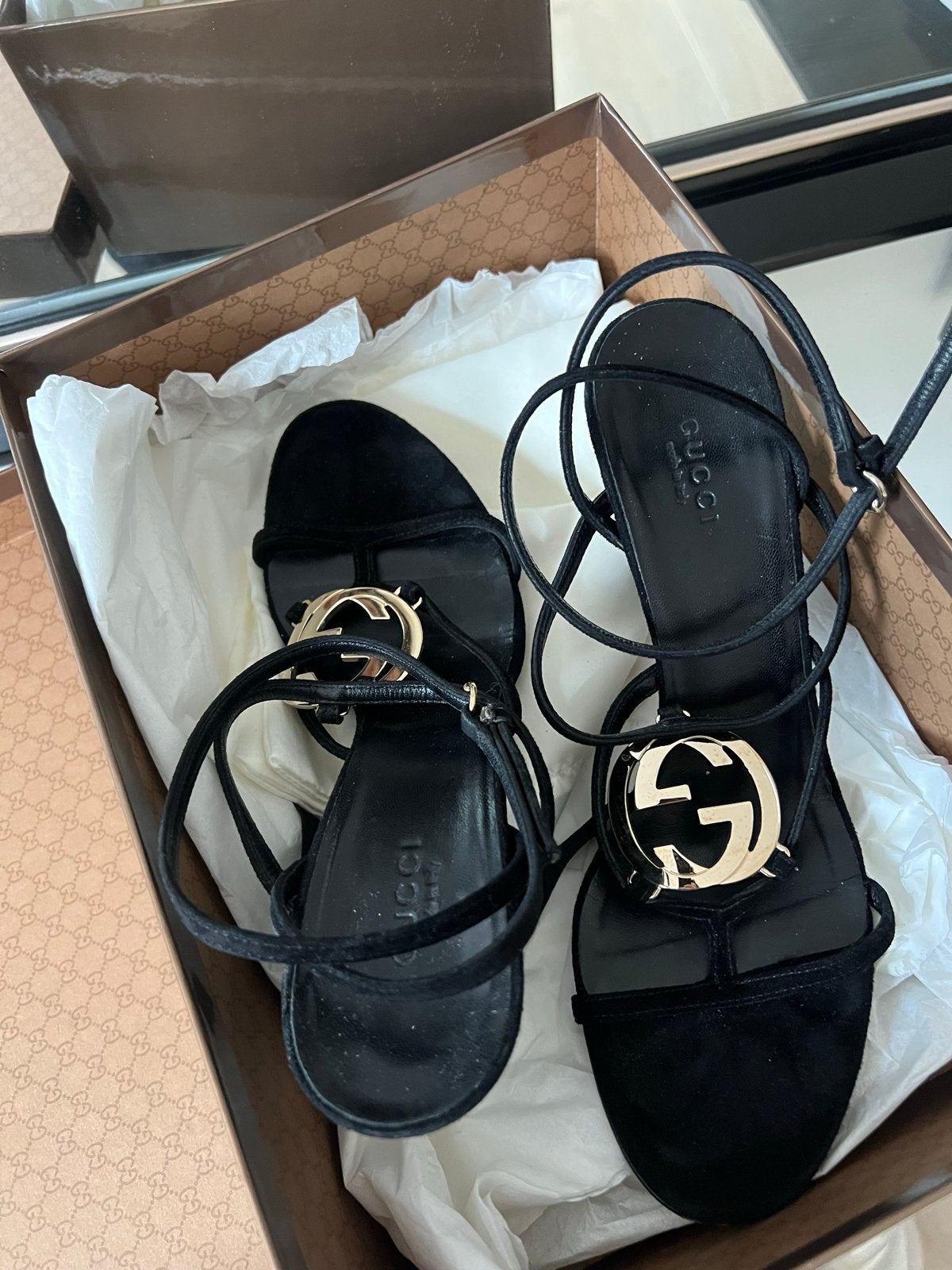 Gucci GG Marmont Sandalen Zwart Maat 37, Ophalen, Zo goed als nieuw, Zwart, Sandalen of Muiltjes