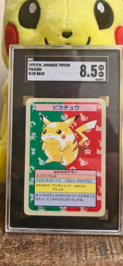 Pikachu 1995 Japanese Topsun No Number Blue Back SGC 8.5, Ophalen of Verzenden, Zo goed als nieuw, Losse kaart