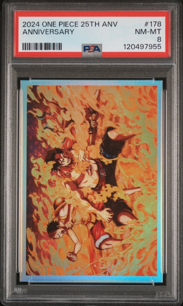 One Piece 25th Anniversary Luffy & Portgas D. Ace PSA 8, Ophalen of Verzenden, Zo goed als nieuw, Losse kaart, Foil