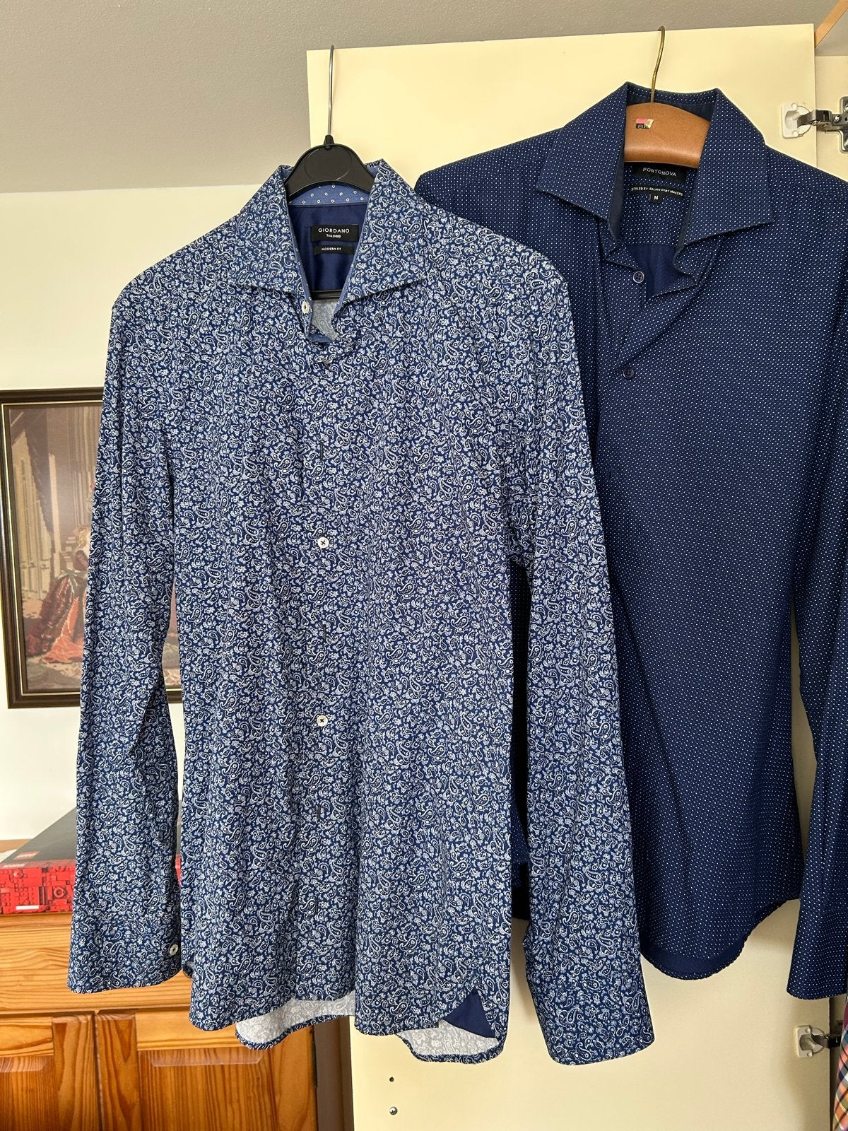 Twee heren overhemden: Giordano en Portonova (M), Ophalen of Verzenden, Zo goed als nieuw, Blauw, Halswijdte 39/40 (M)