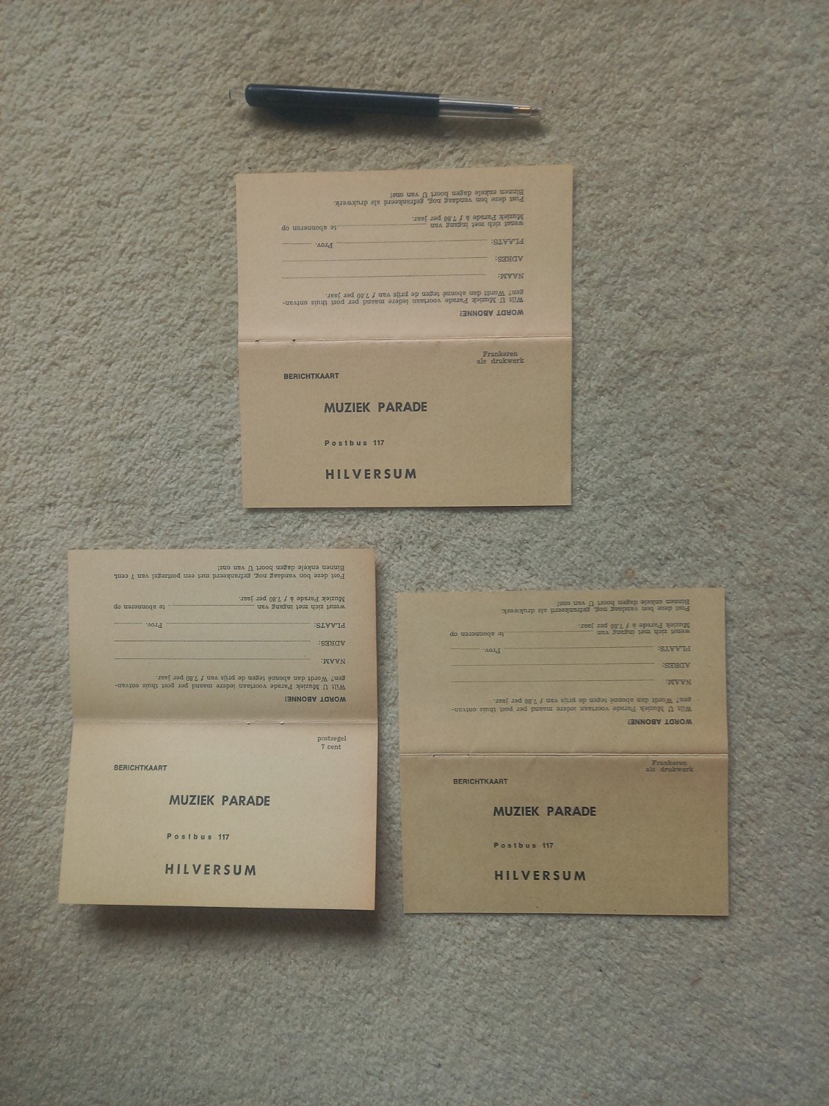 3 berichtkaarten MUZIEK PARADE - wordt abonnee (1965), Verzenden, Gebruikt, Boek, Tijdschrift of Artikel