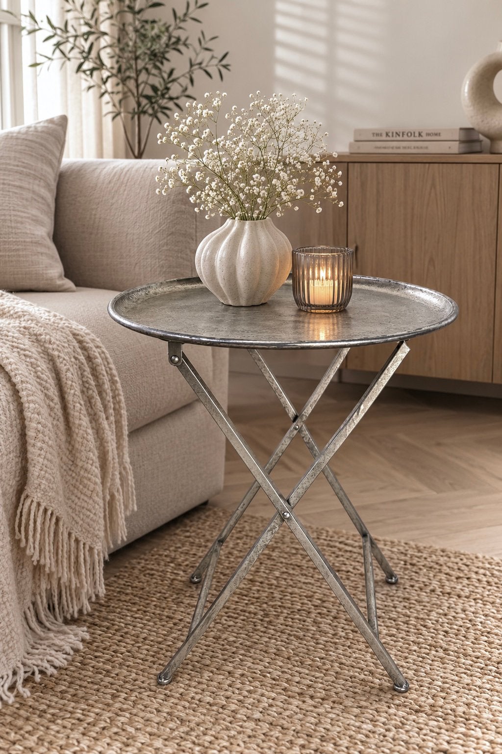 Ronde metalen bijzettafel LOODS5 – nikkel/chroomlook (NIEUW), Ophalen of Verzenden, Nieuw, Metaal of Aluminium