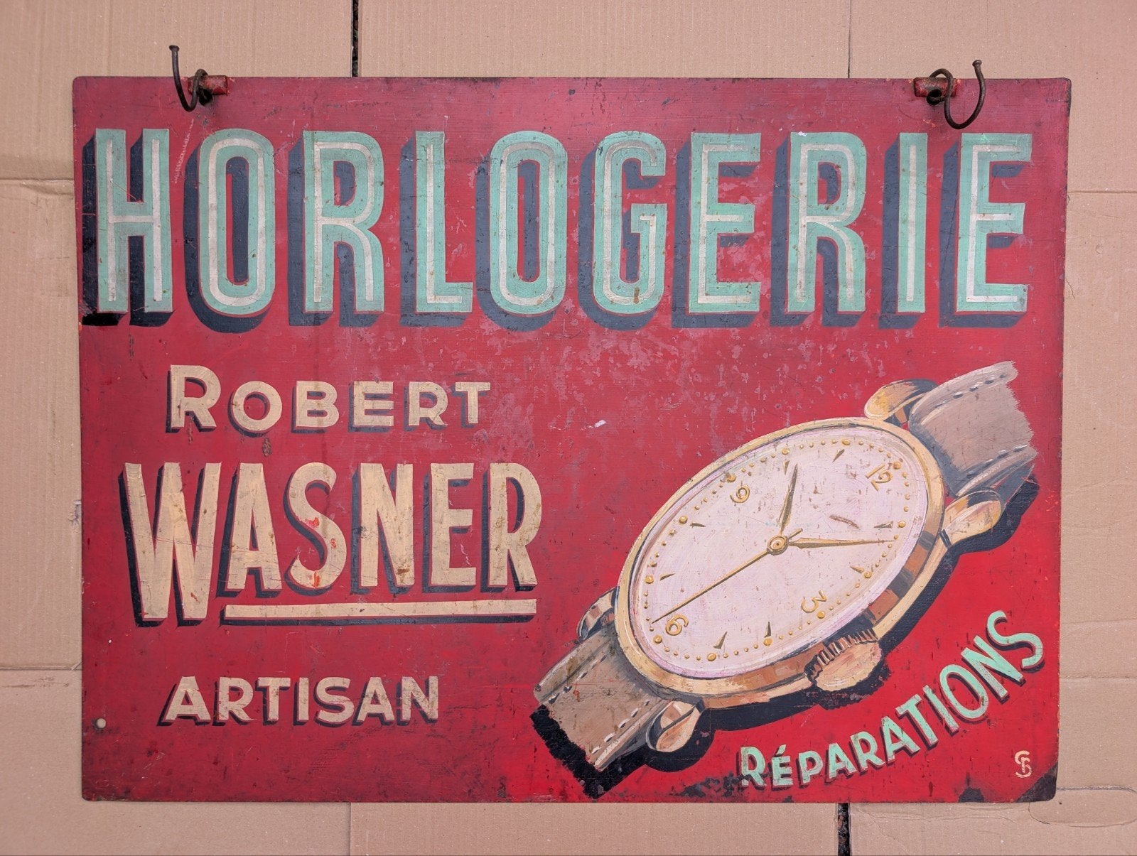 Groot uithangbord reclamebord Horlogemaker metaal 1930 1940, Ophalen, Gebruikt, Reclamebord
