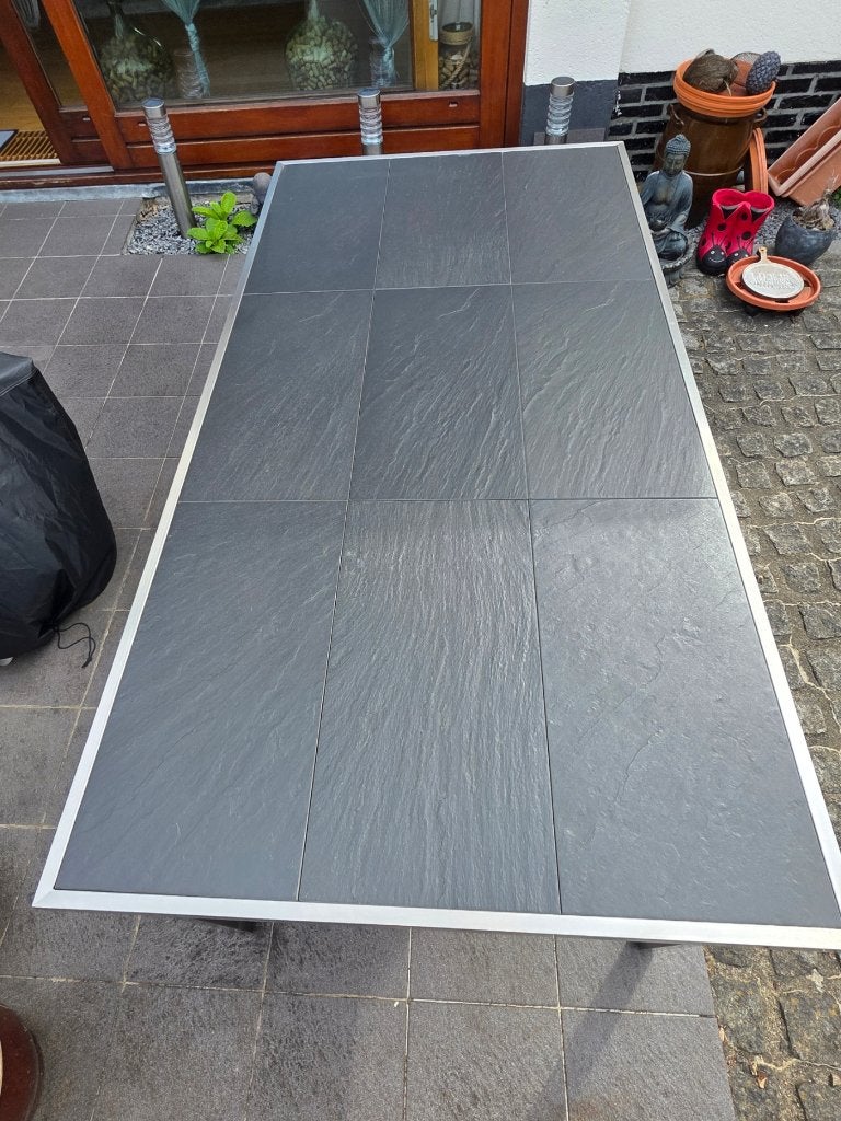 RVS tuintafel met antraciet tegels, Tuin en Terras, Ophalen, Zo goed als nieuw, Rechthoekig, Rvs