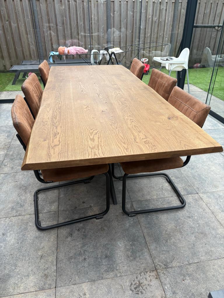 Acaciahouten eettafel (260cm) met 6 stoelen, Ophalen, Gebruikt, 200 cm of meer, Vijf personen of meer