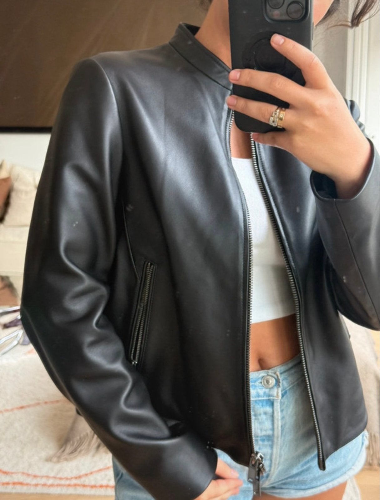 Reiss Allie Leren Kraagloze Jas - Nieuw, Ophalen of Verzenden, Nieuw, Maat 38/40 (M), Zwart